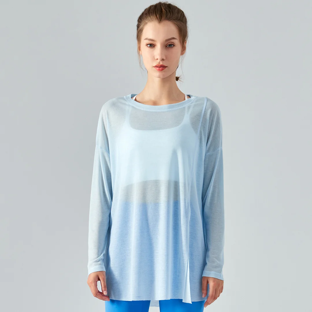 Hergymclothing Baby Blue ladies see through long style tencel skin friendly sustainable loose cool smooth gym t shirt smock online shopping