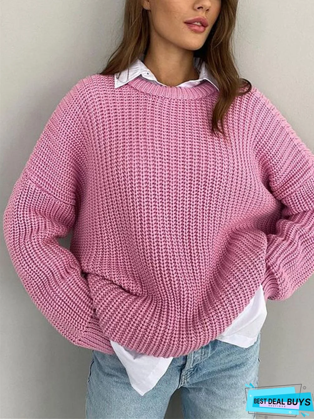 Solid Color Casual Loose Long Sleeve Round Neck Knitting Sweater