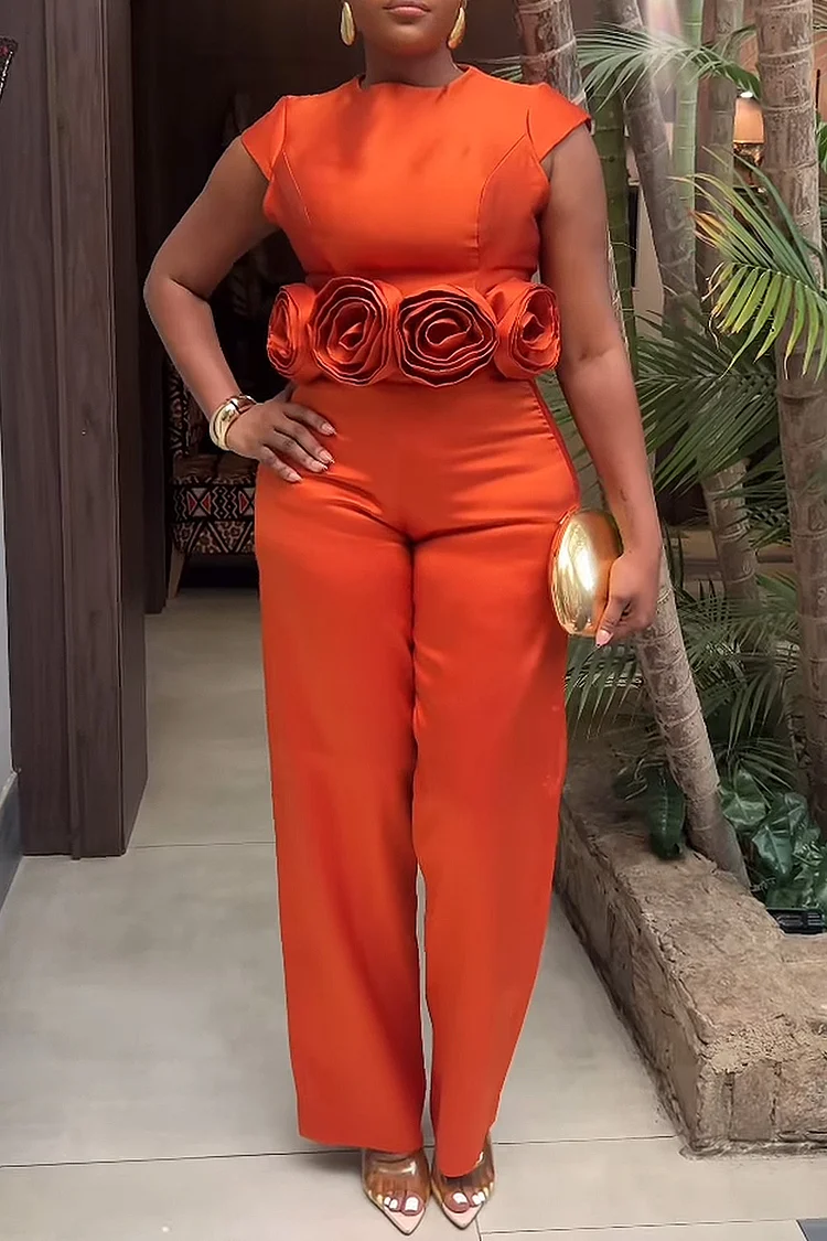 Plus Size Business Casual Orange Round Neck Cap Sleeve Short Sleeve Pocket 3D Jumpsuits [Pre-Order] 2024 - Xpluswear