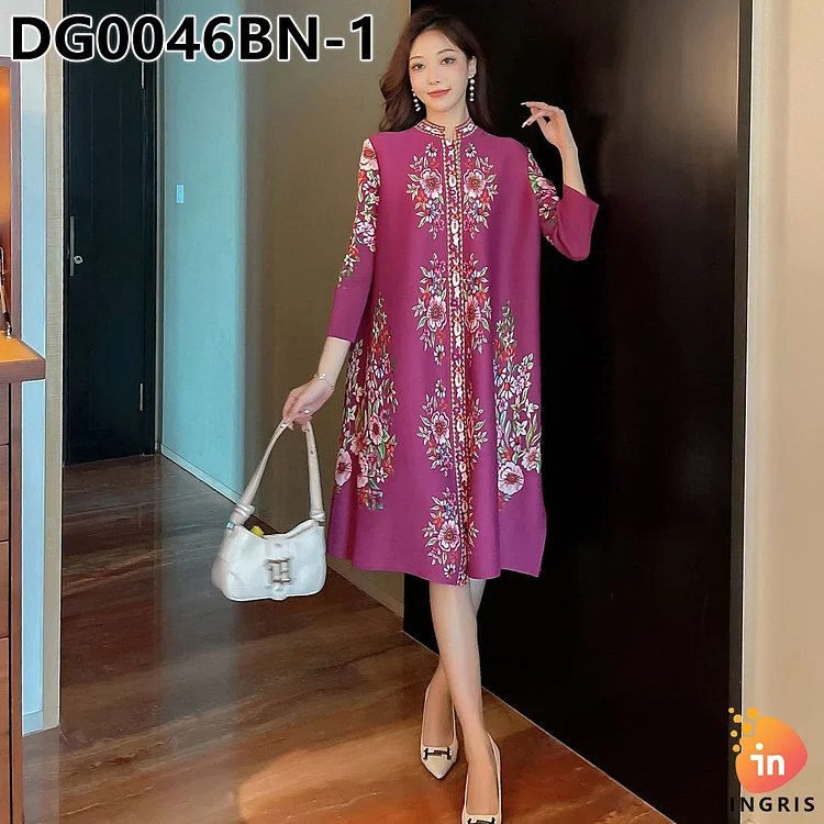 2024 American Style Turn-down Collar Pleated Midi For Women Long Sleeve Empire Printed Lace Dress Purple-DG0046BN