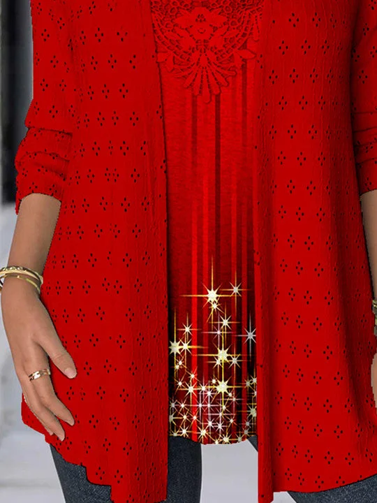 Women Long Sleeve Scoop Neck Snowman Snowflake Printed Printed Graphic Lace Two-Pieced Tops