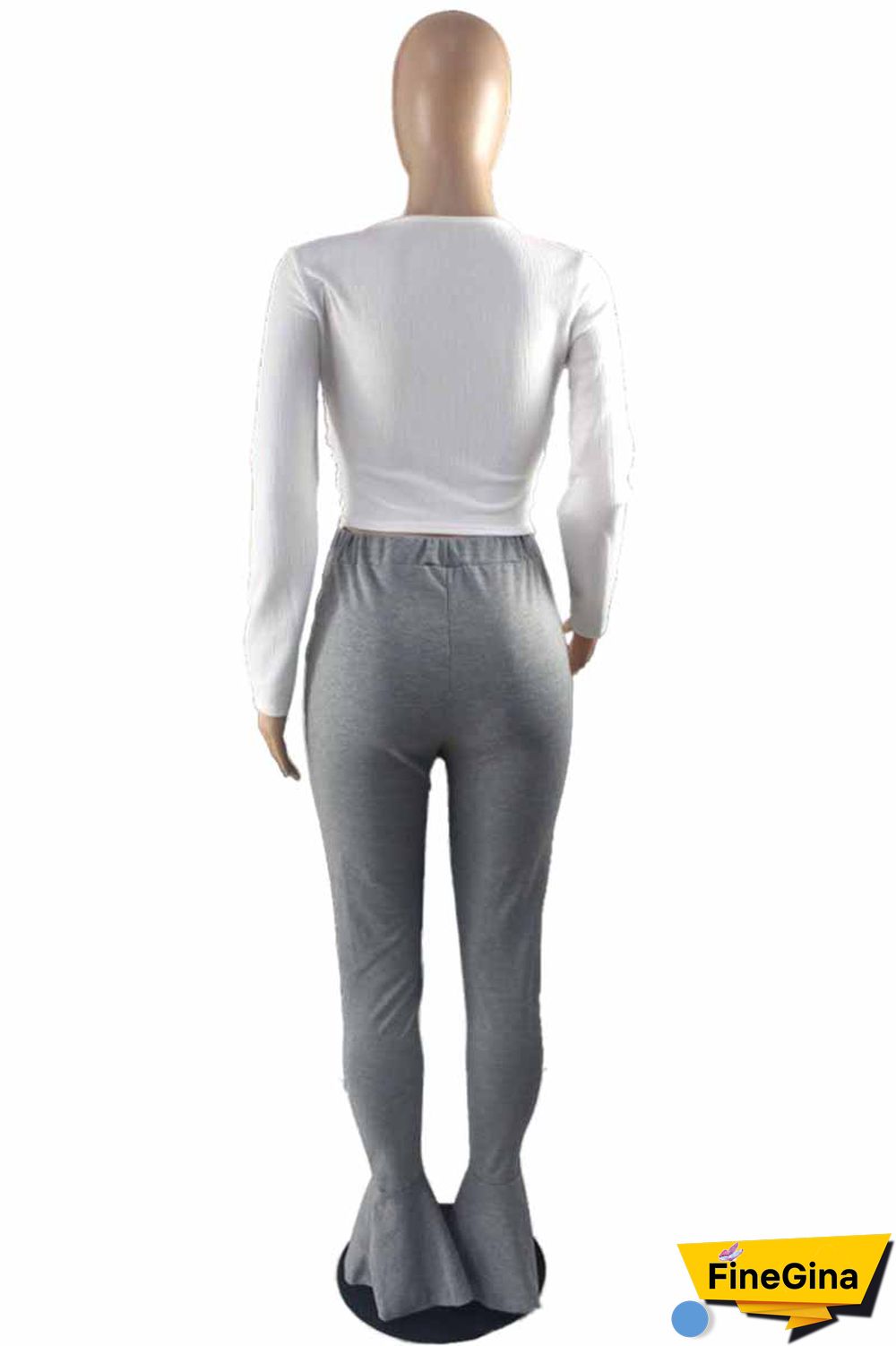 White Grey Casual Print Letter V Neck Long Sleeve Two Pieces