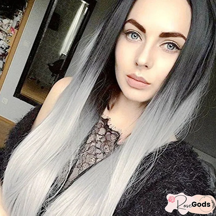 Women's Wig Temperament Is Divided Into Long Straight Hair Black Gray Dyeing Gradual Change