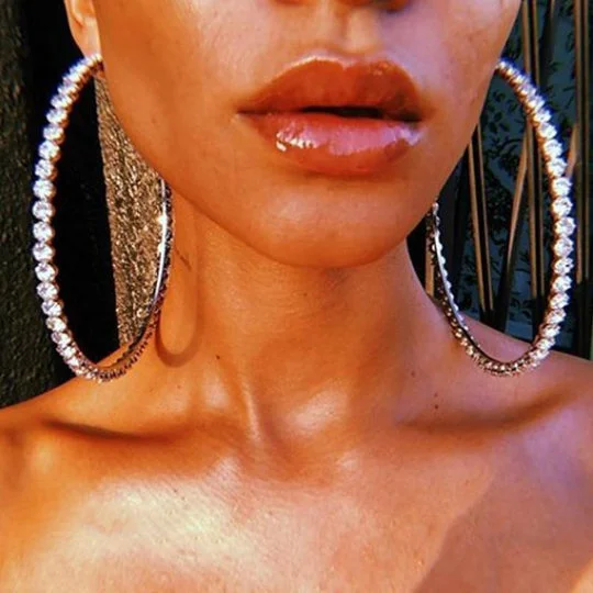 Shiny Big Rhinestone Hoop Earrings-VESSFUL