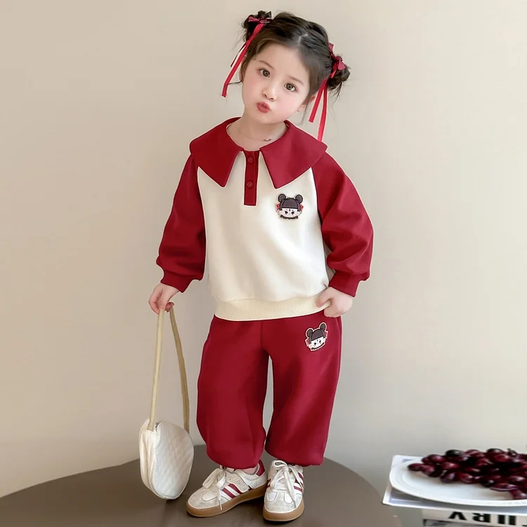 新作 プルオーバー 切り替え トップス+パンツ 90-140cm 女の子 幼児 2点セットアップ