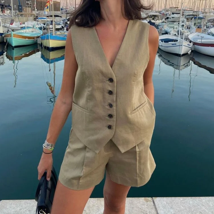 Minimalist Cotton And Linen Vest And Shorts Urban Commuting Two-piece Set