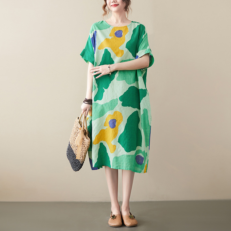 Vintage Literary Print Cotton Linen Midi Dress