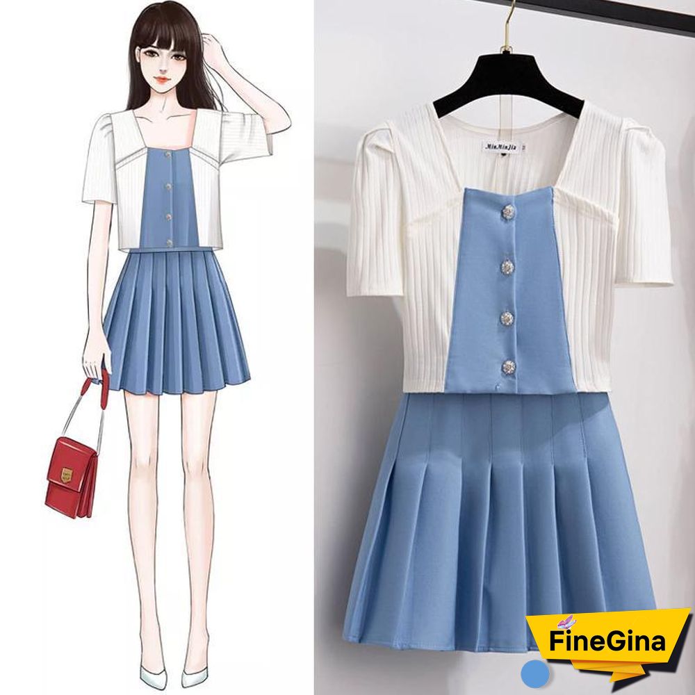 Square Collar Tee+Pleated Skirt P15458