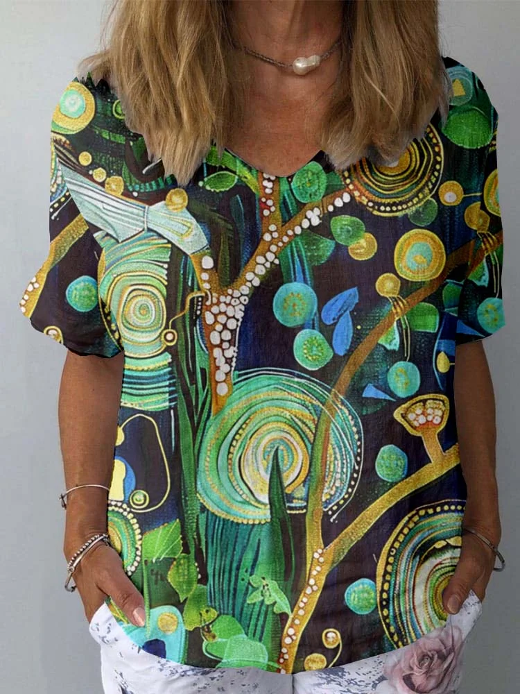 Women's Artistic Flower Pattern Cotton and Linen Short Sleeve Top