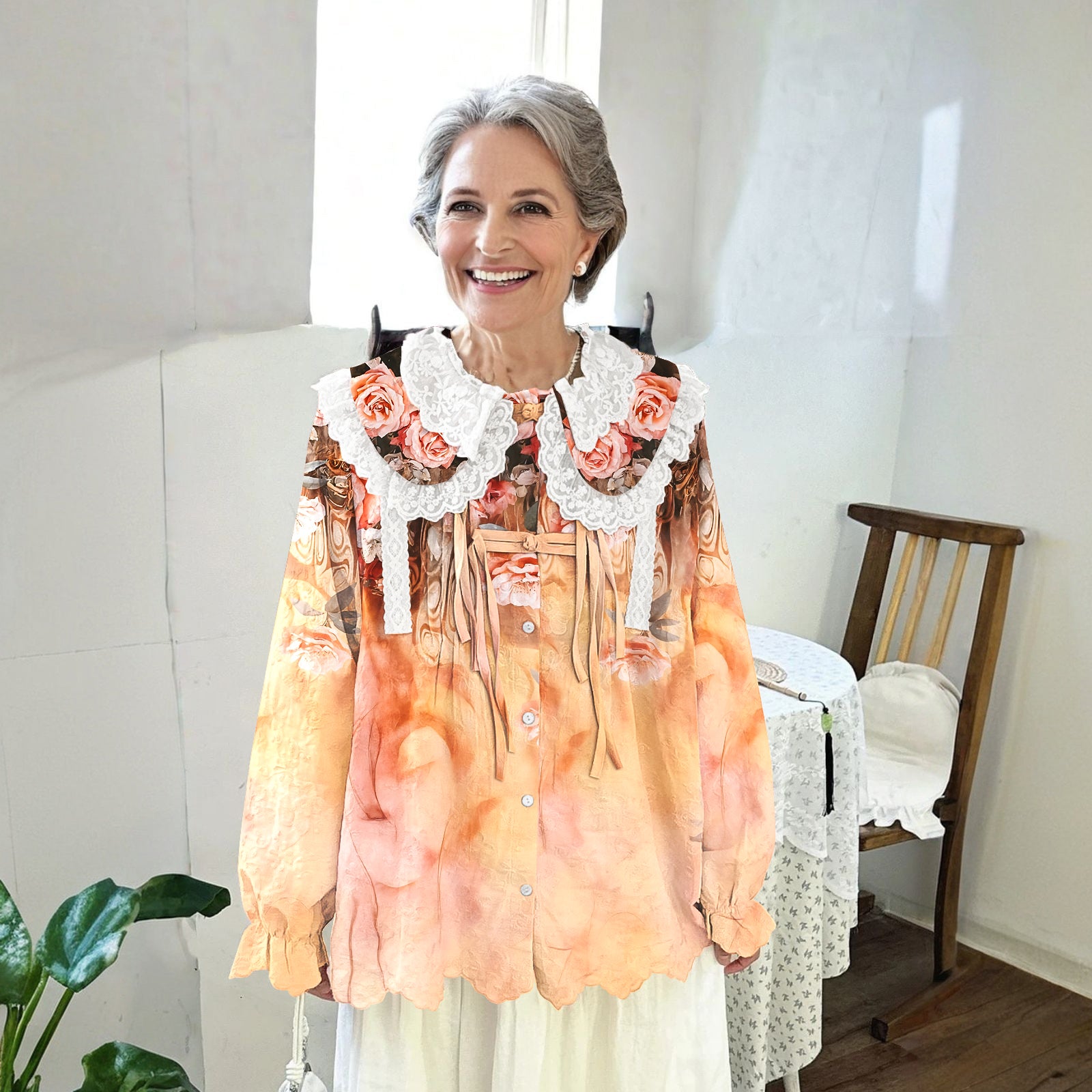 Women Printed Long Sleeve Round-neck  Cute Collar Shirts Blouses Orange