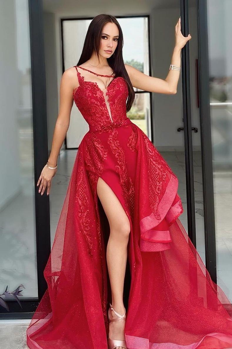 Stunning Red Tulle Sleeveless One Shoulder Applique Split Prom Dress with Ruffles | MS0159  