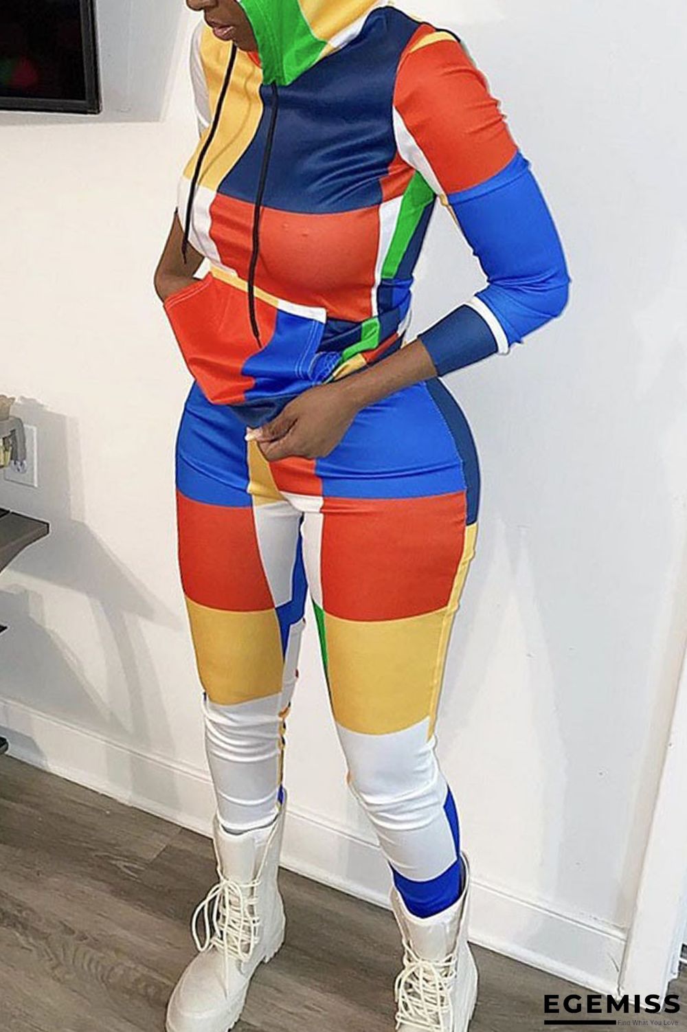 multicolor Chlorine Fashion adult Casual Two Piece Suits Print Patchwork pencil Long Sleeve | EGEMISS