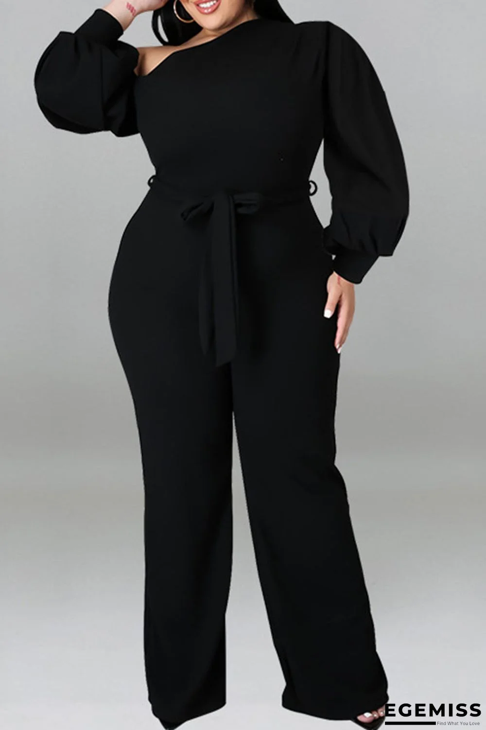 Black Casual Solid Bandage Patchwork Oblique Collar Plus Size Jumpsuits | EGEMISS