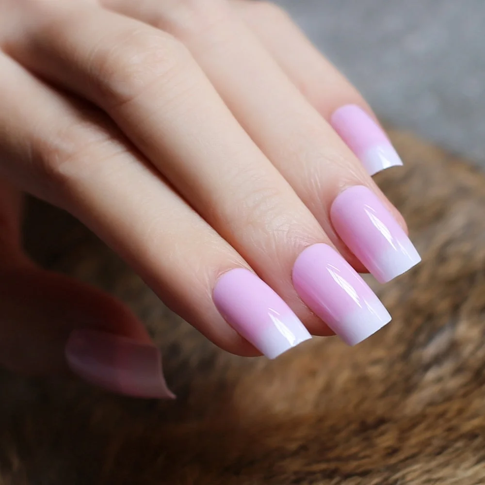 Gel ombre Coffin Acrylic nails nude salon 24pcs Fake nails ballet UV glossy reuse Baby Boomer Square Full set wholesale droship-Nail Inspo