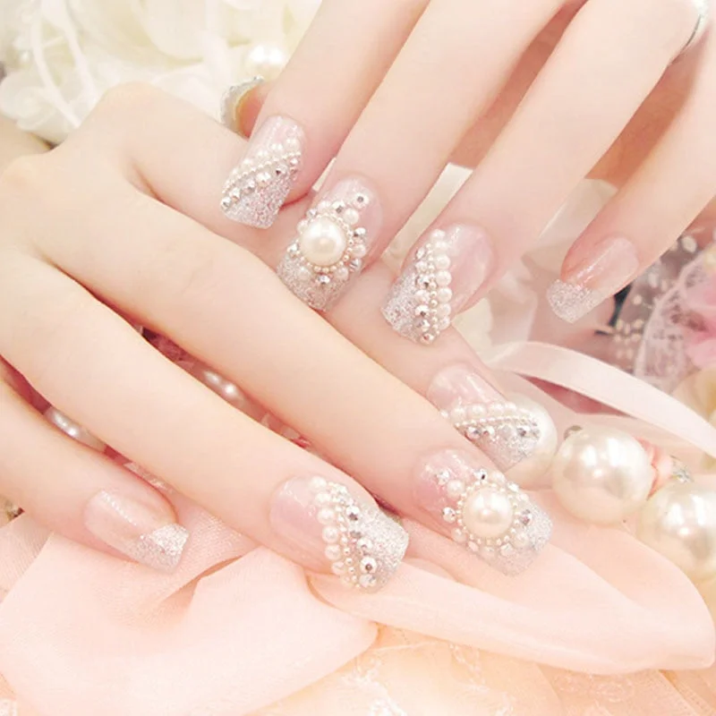 Hot Sell 24PCS/Sets Wedding Bride Fake Nails Crystal Pearl Rhinestone Nail Patch Full Nail Tips Fingernail Women Nail Art-Nail Inspo