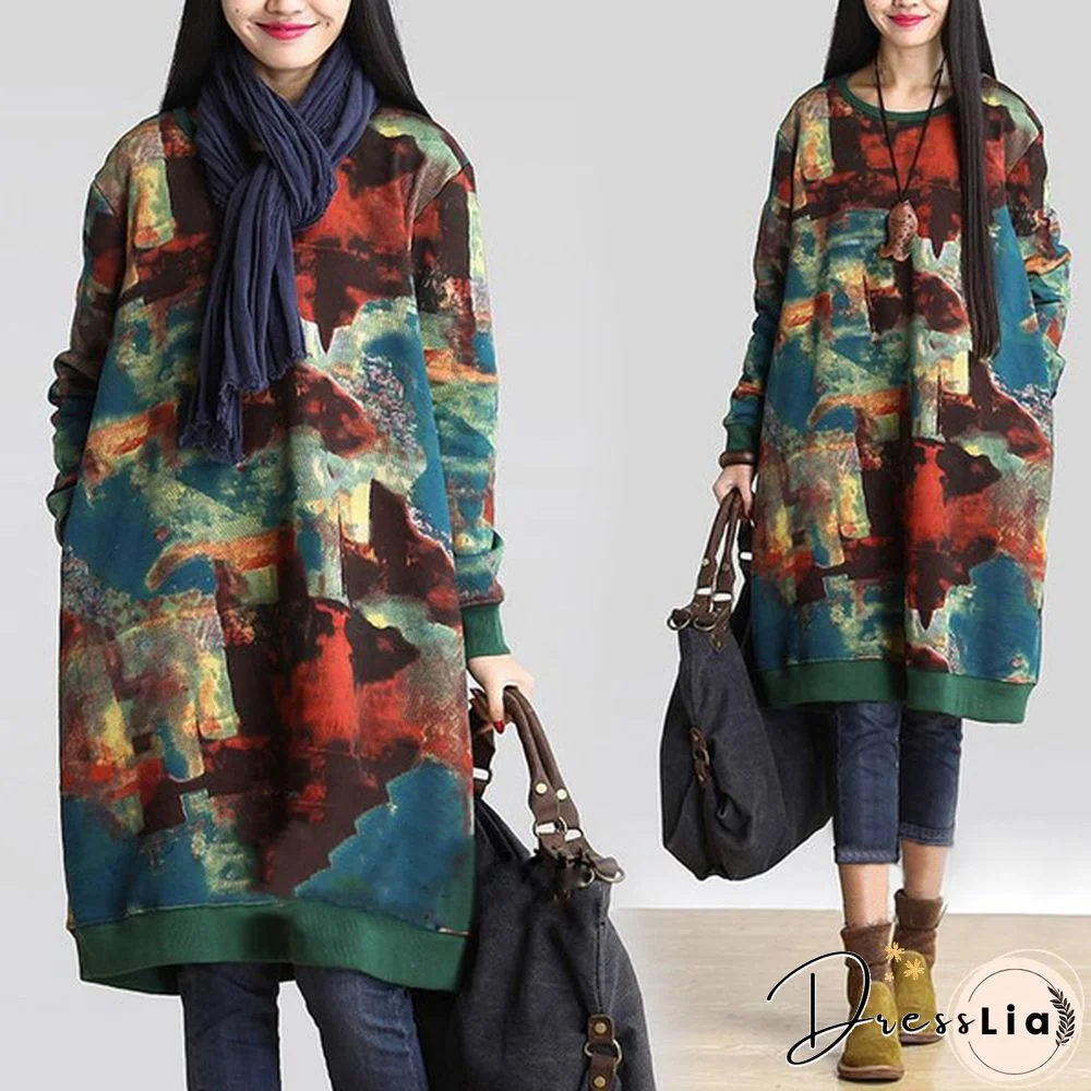 Autumn Winter Women Printed Midi Dress Tunic Long Sleeve Pockets Warm Vintage Casual Loose Long Sweatshirt Dress Plus Size