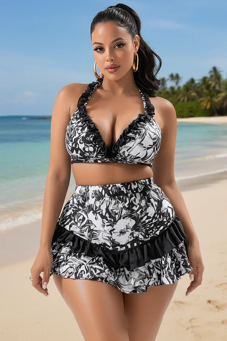 Xpluswear Design Plus Size Beach White Graphic V Neck Ruffle Tiered Swimsuit Fabric Two Pieces Swimsuit [Pre-Order] 2024 - Xpluswear