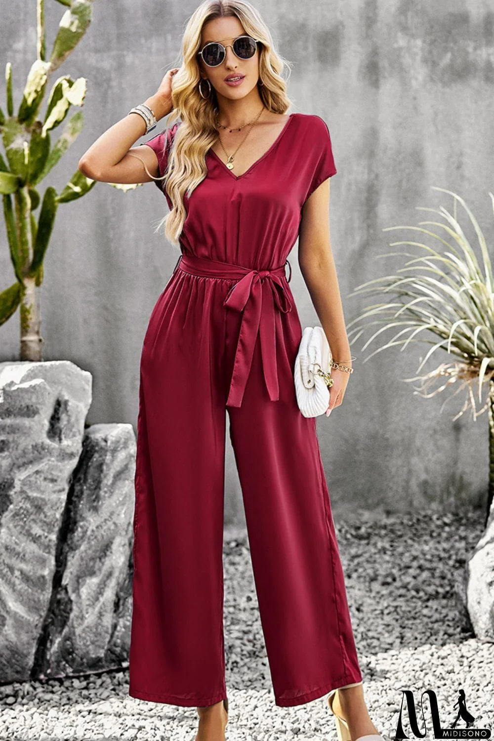 MidiSono - Tie Belt V-Neck Short Sleeve Jumpsuit