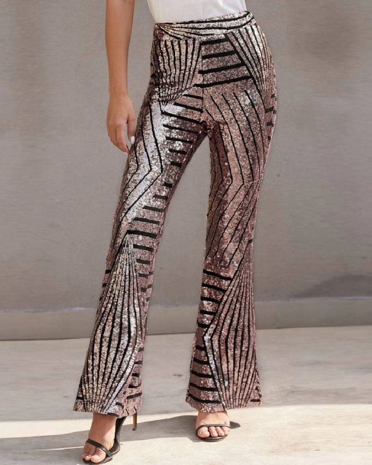 Casual Striped Bright Sequin Flare Pants