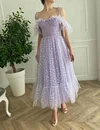 Lilac Lavender Purple Heart Print Tulle Prom Dress Sparkling Lovehearts Tea Length Ball Gown Thin Bow Ribbon Straps Off Shoulder Dresses