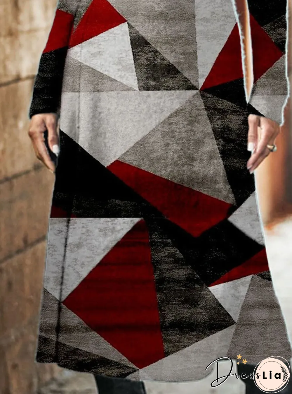 Fashion Color Block Long Sleeve Round Neck Casual Maxi Dress