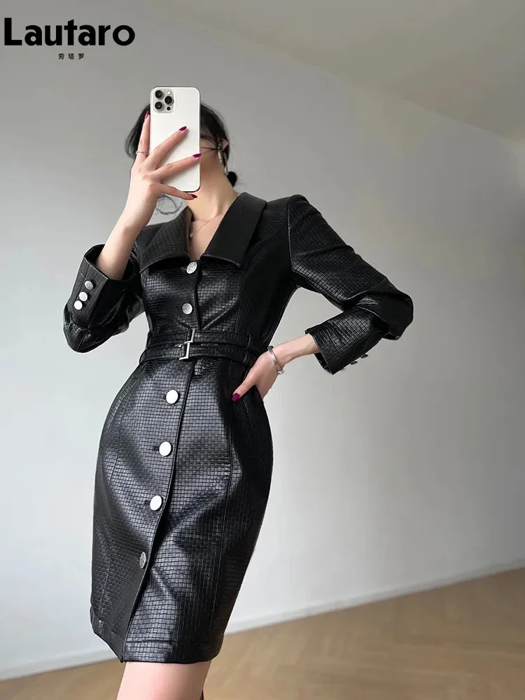 Huiketi Spring Autumn Fitted Elegant Chic Retro Black Gingham Pu Leather Dress Women Long Sleeve Buttons Luxury Designer Clothes