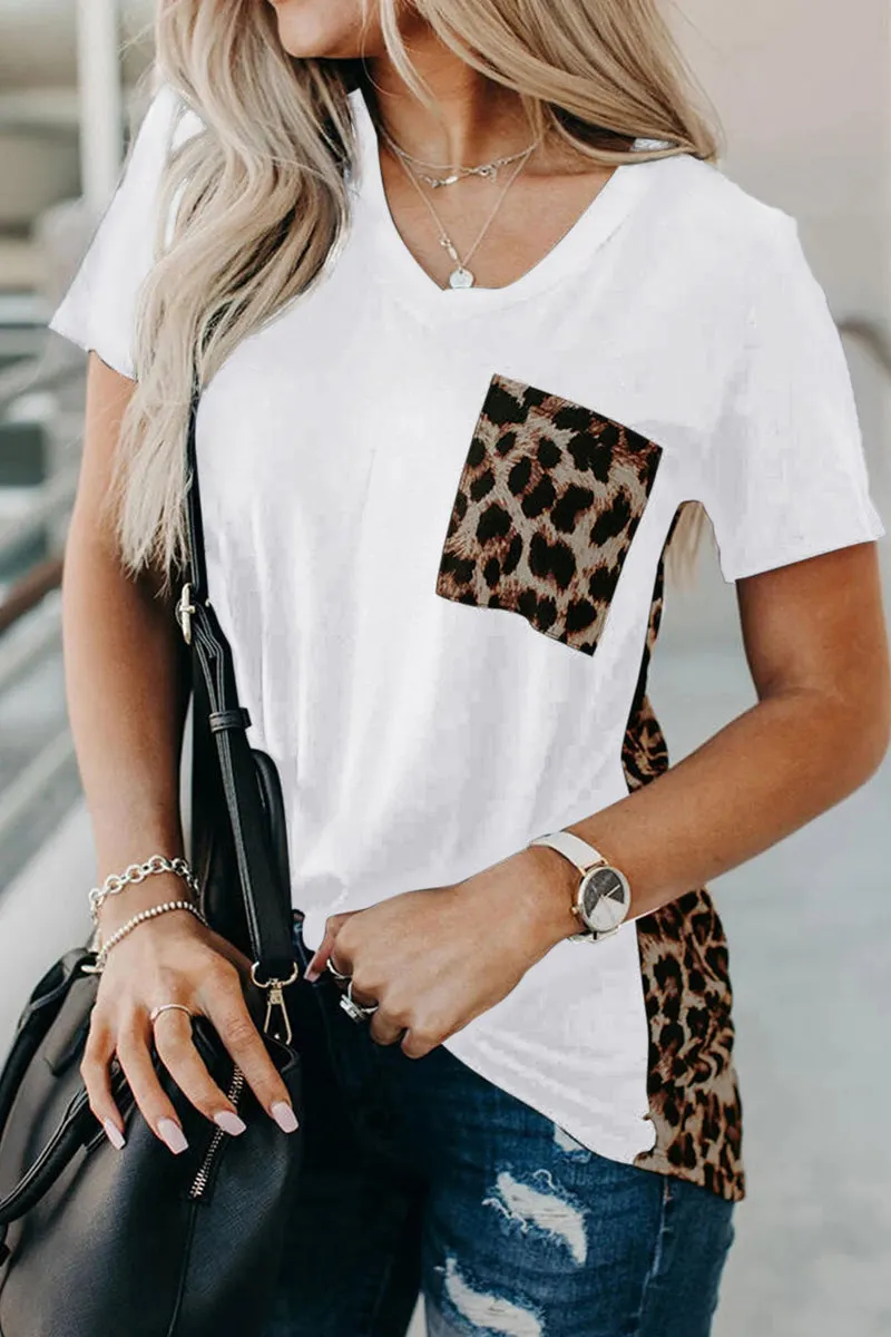 Printed Irregular V-Neck Pocket T-Shirt