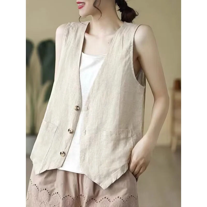 Uveng Uveng Retro Art Hook Sleeveless Vest Lady Loose V Collar Horse Clip Single Buckle Cardigan Shirt