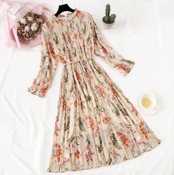 2020 Elegant Women Print Chiffon Dress Long sleeve Lotus leaf collar Pleated Dress Female Casual Midi Dresses vestidos mujer