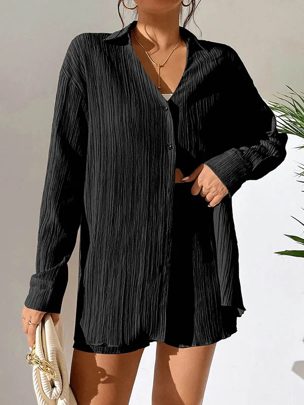 Pleated Solid Color Long Sleeves Loose Buttoned Lapel Shirts Top + Elasticity Shorts Bottom Two Pieces Set