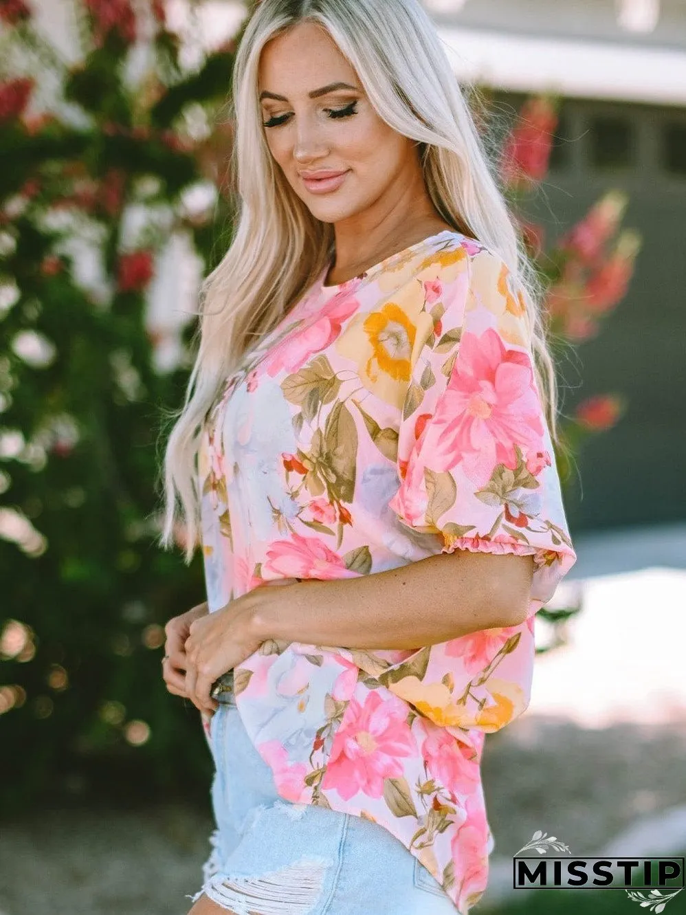 Pink Floral Loose Fit Blouse with Shirred Cuffs