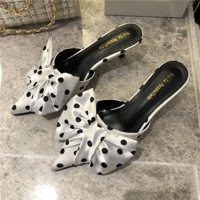 2021 Spring Pointed Toe Stiletto Heel Kitten Heels Bow Heel-Free Slippers for Women