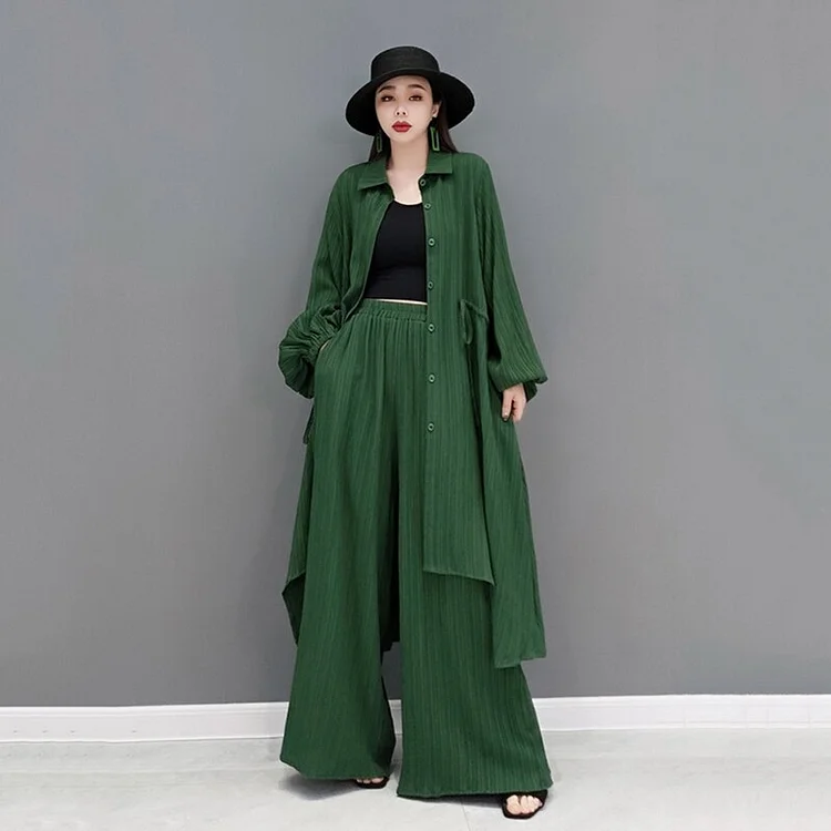 Temperament Green Long Irregular Shirt Match Wide Leg Pants Two Piece Sets 