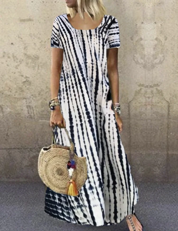 Loose Casual Elegant Plus Size Round Neck Short Sleeve Tie Dye Printed Long Dress