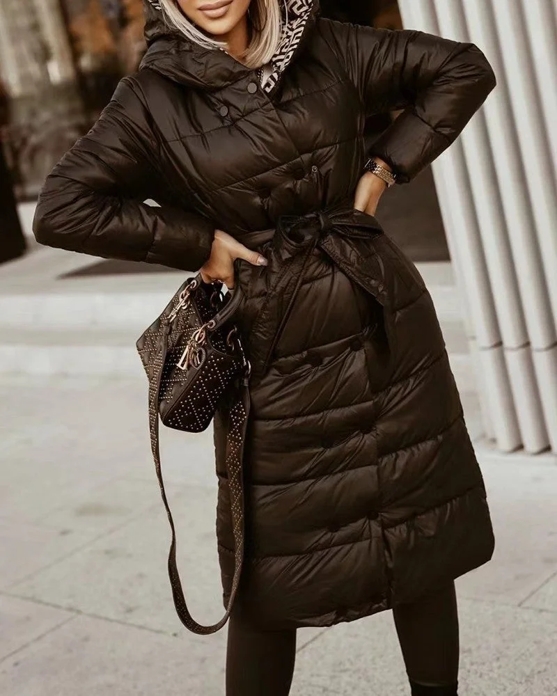 Long Sleeve Buttoned Puffer Coat with Belt