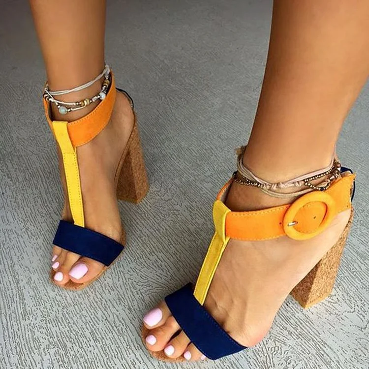 Orange and Navy T Strap Sandals Chunky Heels Sandals for Women |FSJ Shoes