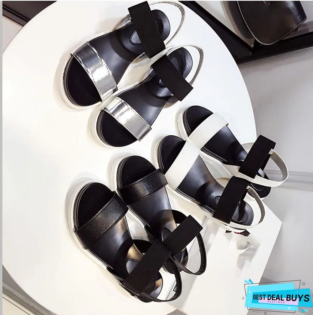 Women Slip On Elastic Band Peep Toe Sandals Platform Flat Roman Comfortable Sandals