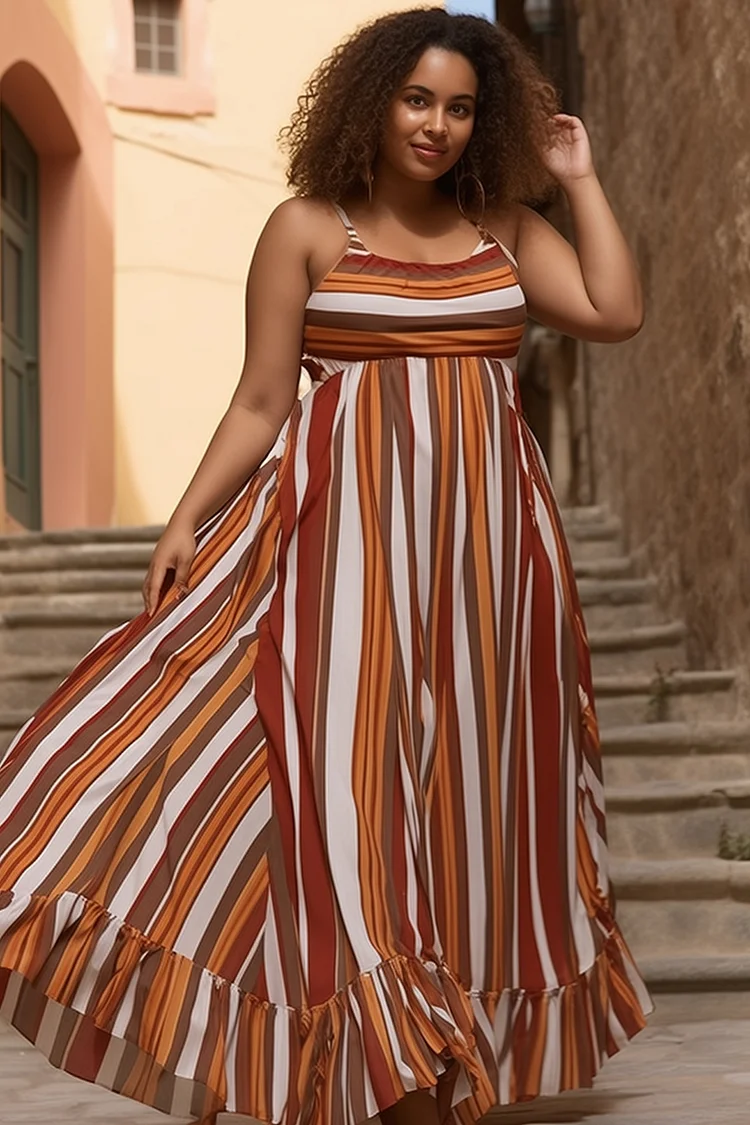 Xpluswear Design Plus Size Vacation Brown Sundress Striped Round Neck Maxi Dresses [Pre-Order] 2024 - Xpluswear