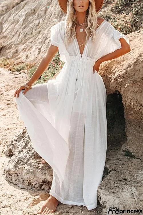 Button Drawstring Waist Bat Maxi Cover Dress