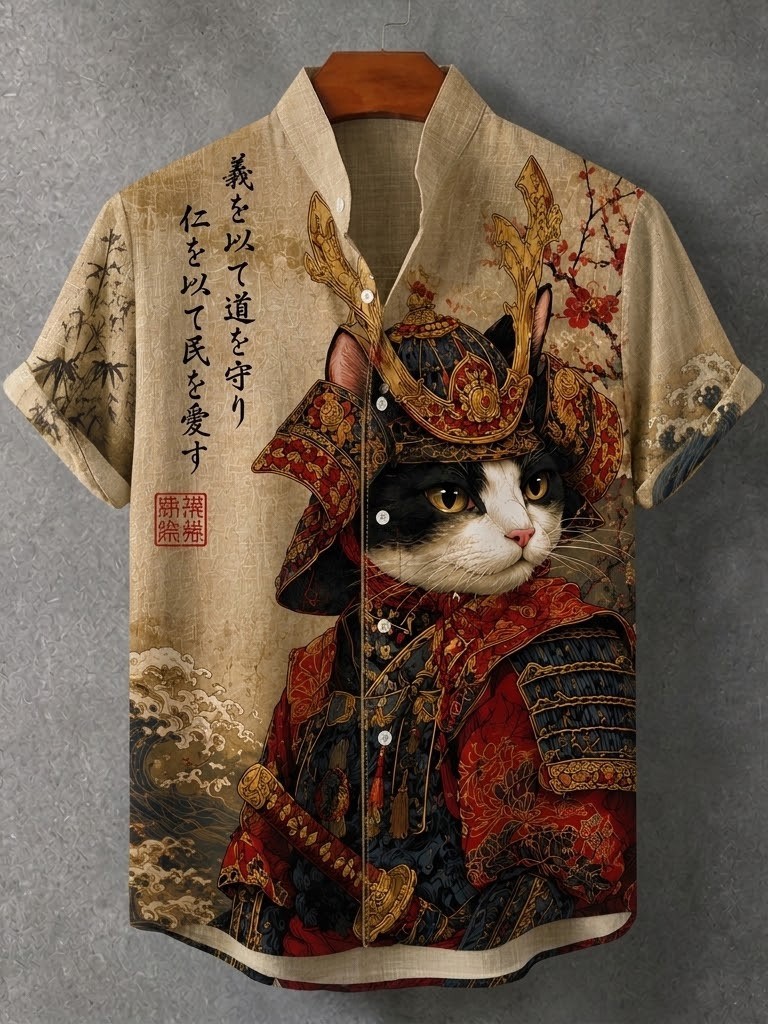 Men's Retro Japanese Art Samurai Cat Print Short-sleeve Shirt  artssus