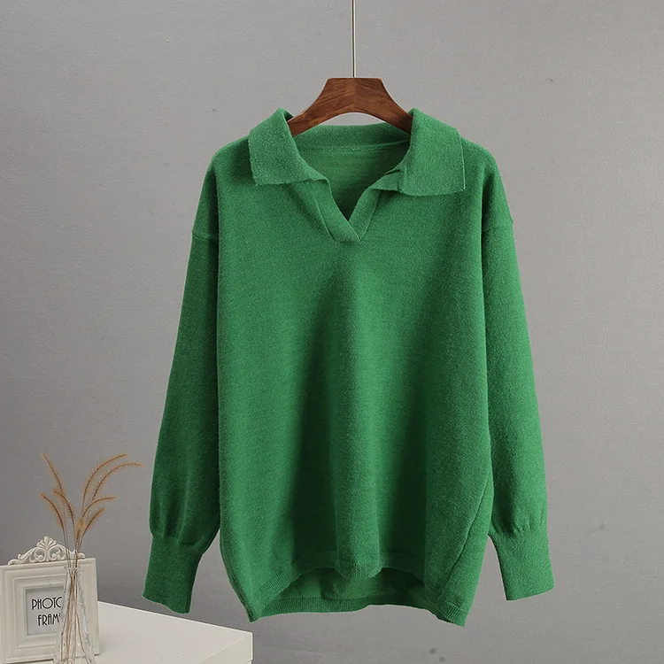 PASUXI Women's Knitted Collared Sweaters Polo V Neck Long Sleeve Loose Sweater Knit Pullover Jumper Tops huanwei