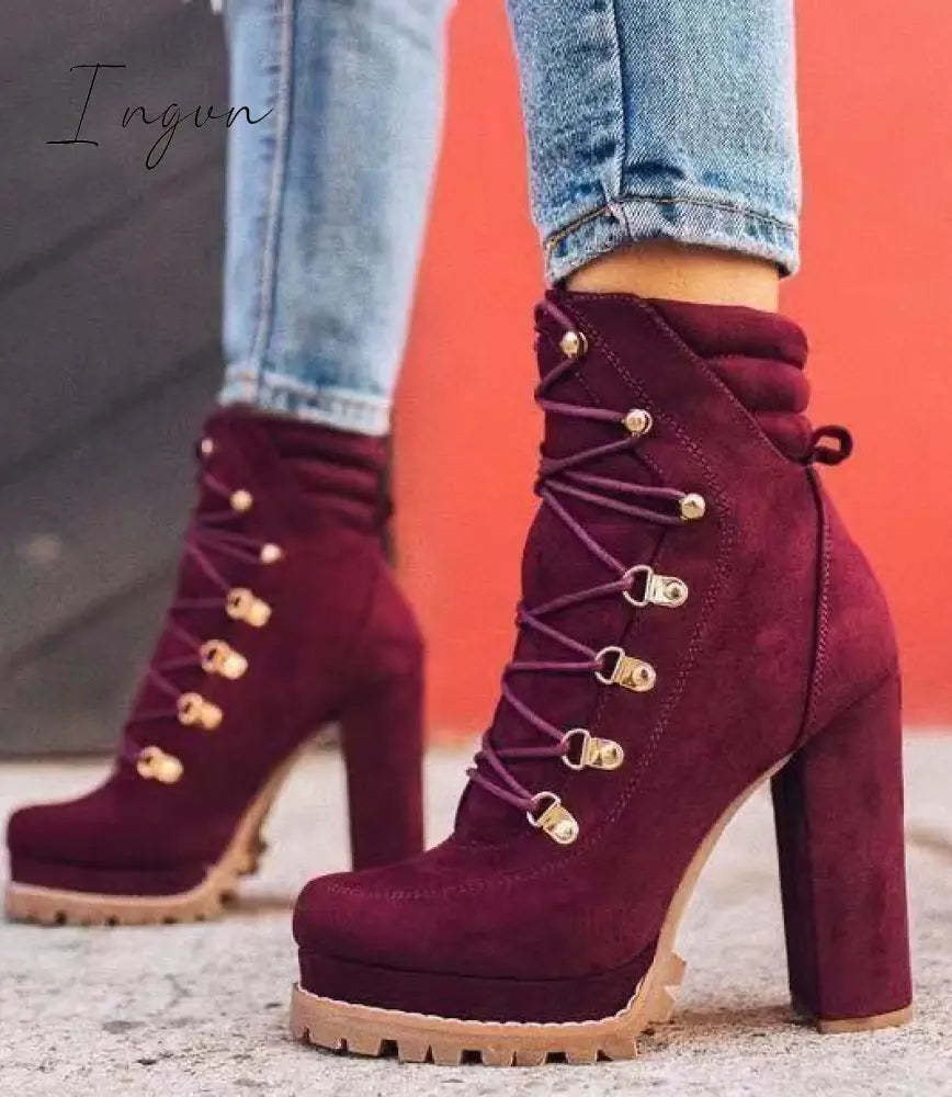 Ingvn - Chunky Stacked Heel Booties Wine Red / 5 Boots