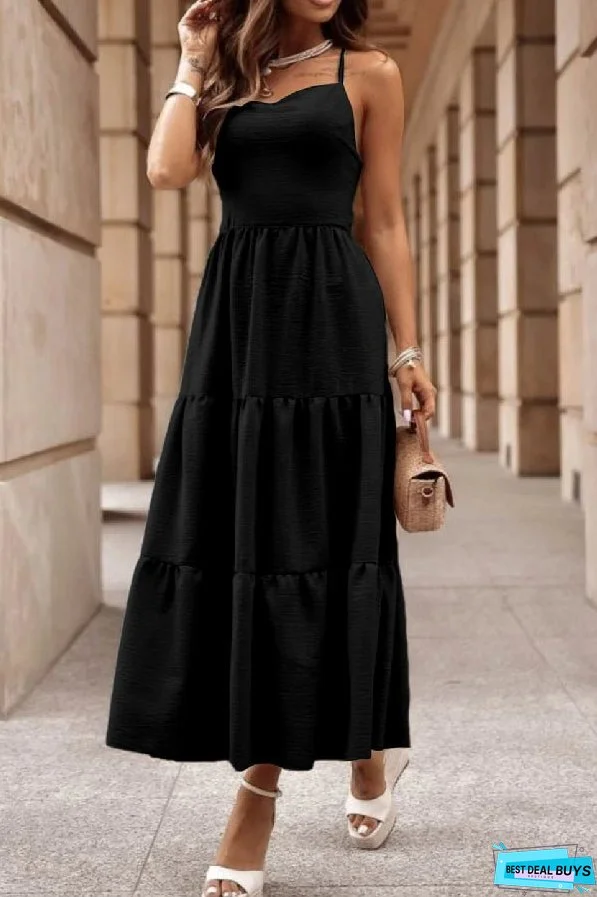 Oatmeal Crossover Backless Bodice Tiered Maxi Dress