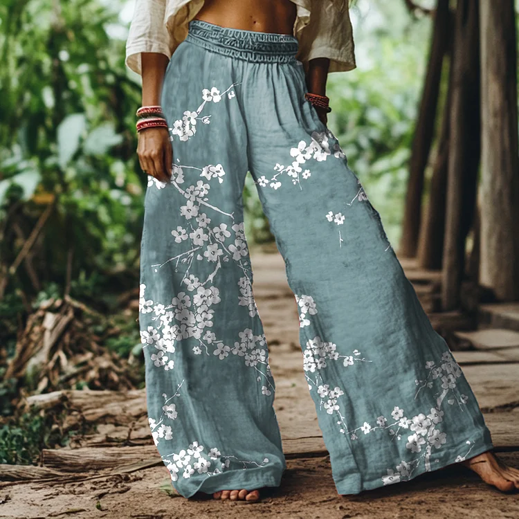 Retro Japanese Plum Blossom Print Loose Pants