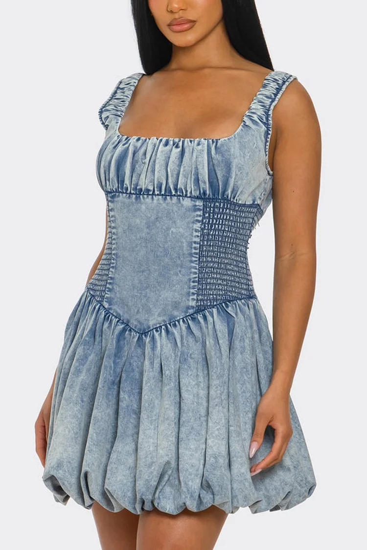 Plus Size Daily Blue Square Neck Bubble Milkmaid Smocking Denim Mini Dresses [Pre-Order]