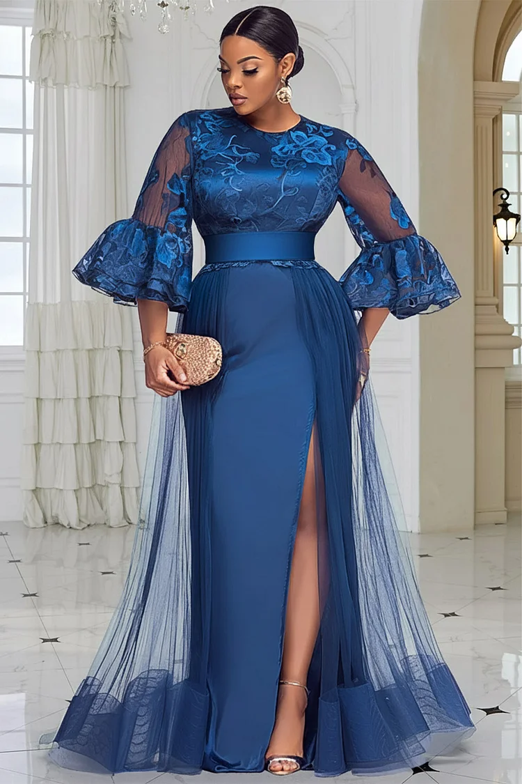 Xpluswear Design Plus Size Formal Tulle Royal Blue Graphic Round