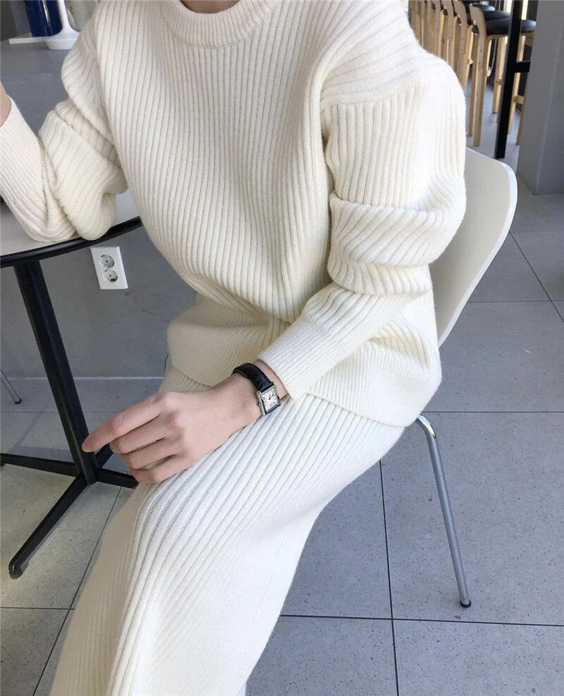 High Quality Winter Women's Costume Knitting Skirt Suit Long Sleeve Sweater + Slim Skirt Two-Piece Set