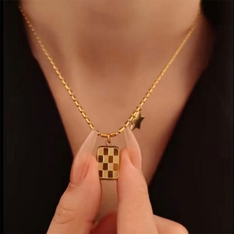 Titanium steel chessboard pendant necklace