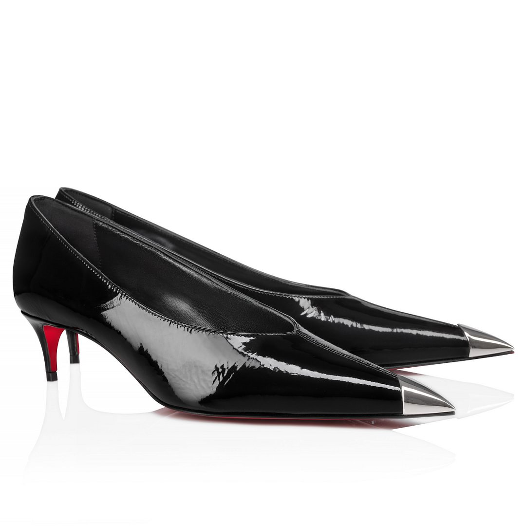 50mm Women's Kitten Heel Metal Pointed Toe High Heels Red Bottom Shoes Genuine Leather -MERUMOTE