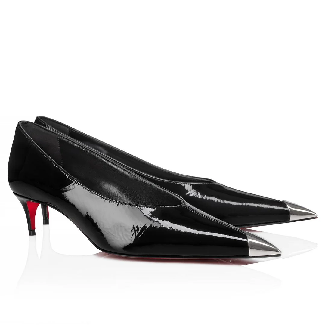 50mm Women's Kitten Heel Metal Pointed Toe High Heels Red Bottom Shoes Genuine Leather -MERUMOTE